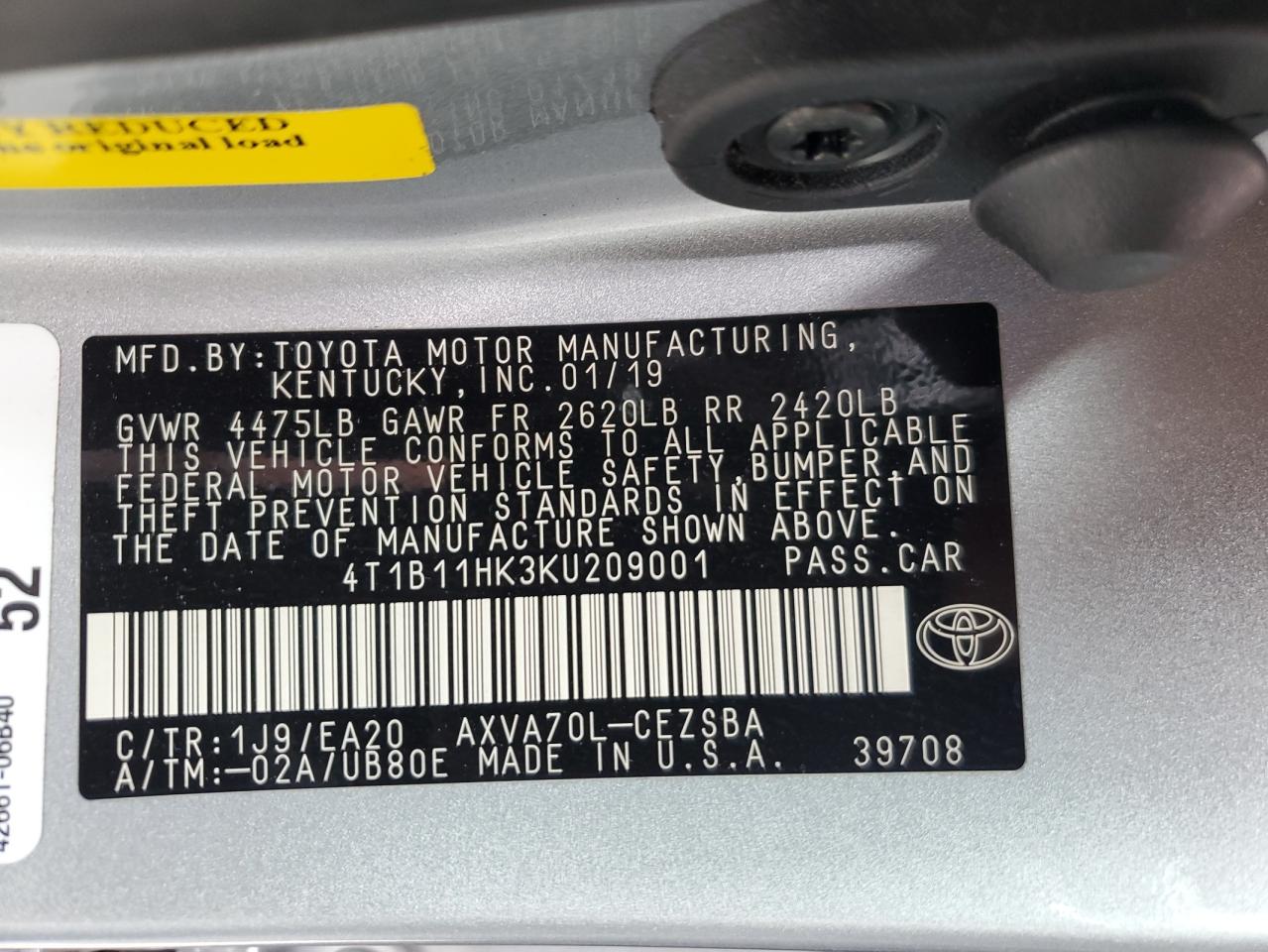 4T1B11HK3KU209001 TOYOTA CAMRY 2019