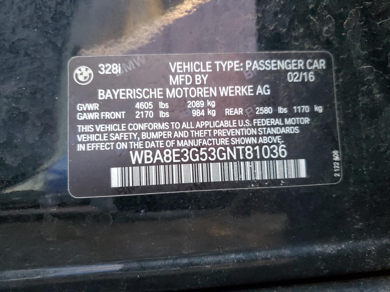 2016 BMW 328 Xi Sulev VIN: WBA8E3G53GNT81036 Lot: 88804955