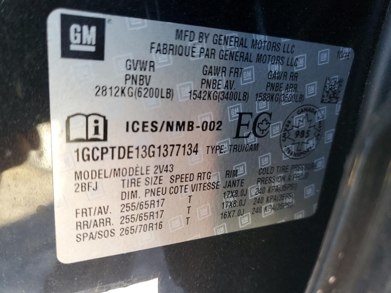 1GCPTDE13G1377134 CHEVROLET COLORADO 2016