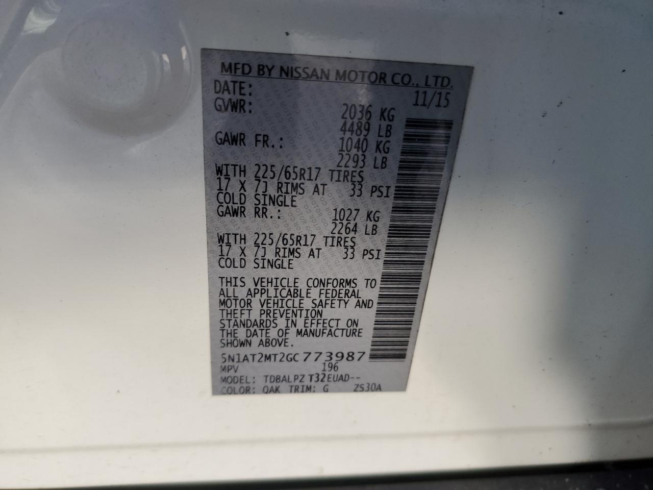 5N1AT2MT2GC773987 NISSAN ROGUE 2016