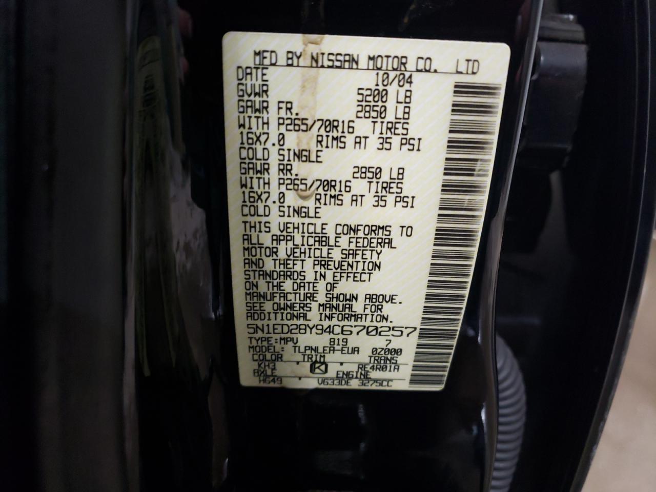 2004 Nissan Xterra Xe VIN: 5N1ED28Y94C670257 Lot: 89069305