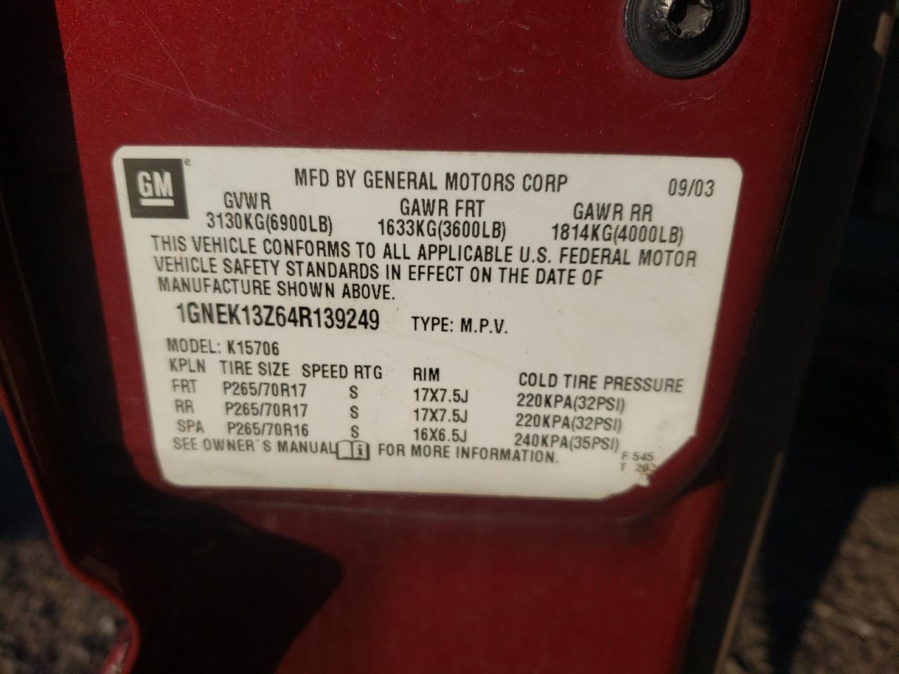 2004 Chevrolet Tahoe K1500 VIN: 1GNEK13Z64R139249 Lot: 88434575