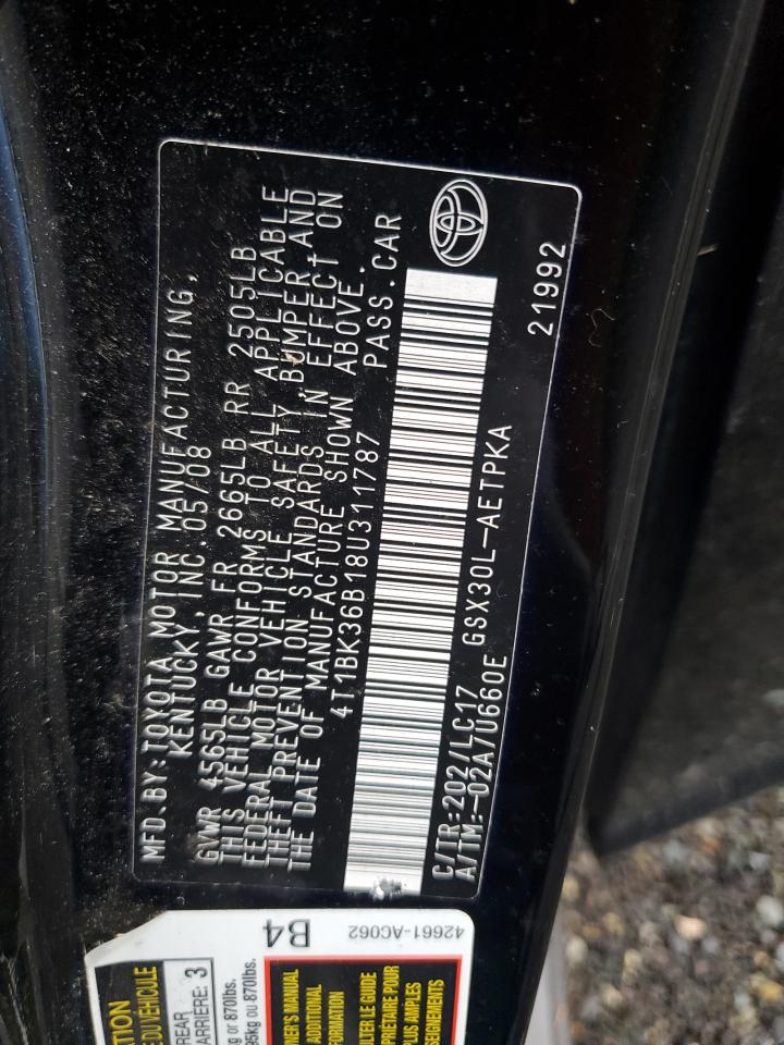 2008 Toyota Avalon Xl VIN: 4T1BK36B18U311787 Lot: 41425665