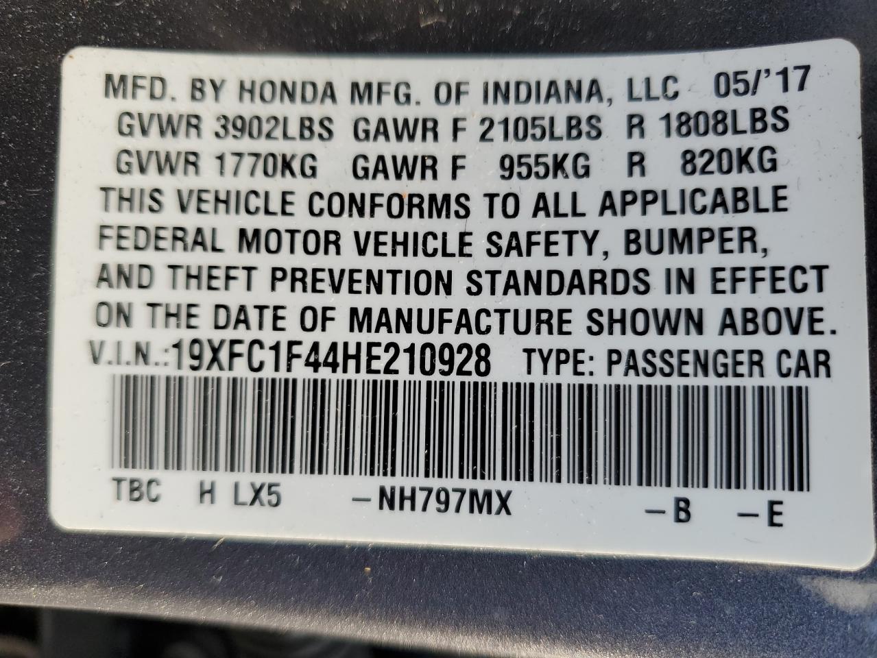 19XFC1F44HE210928 HONDA CIVIC 2017