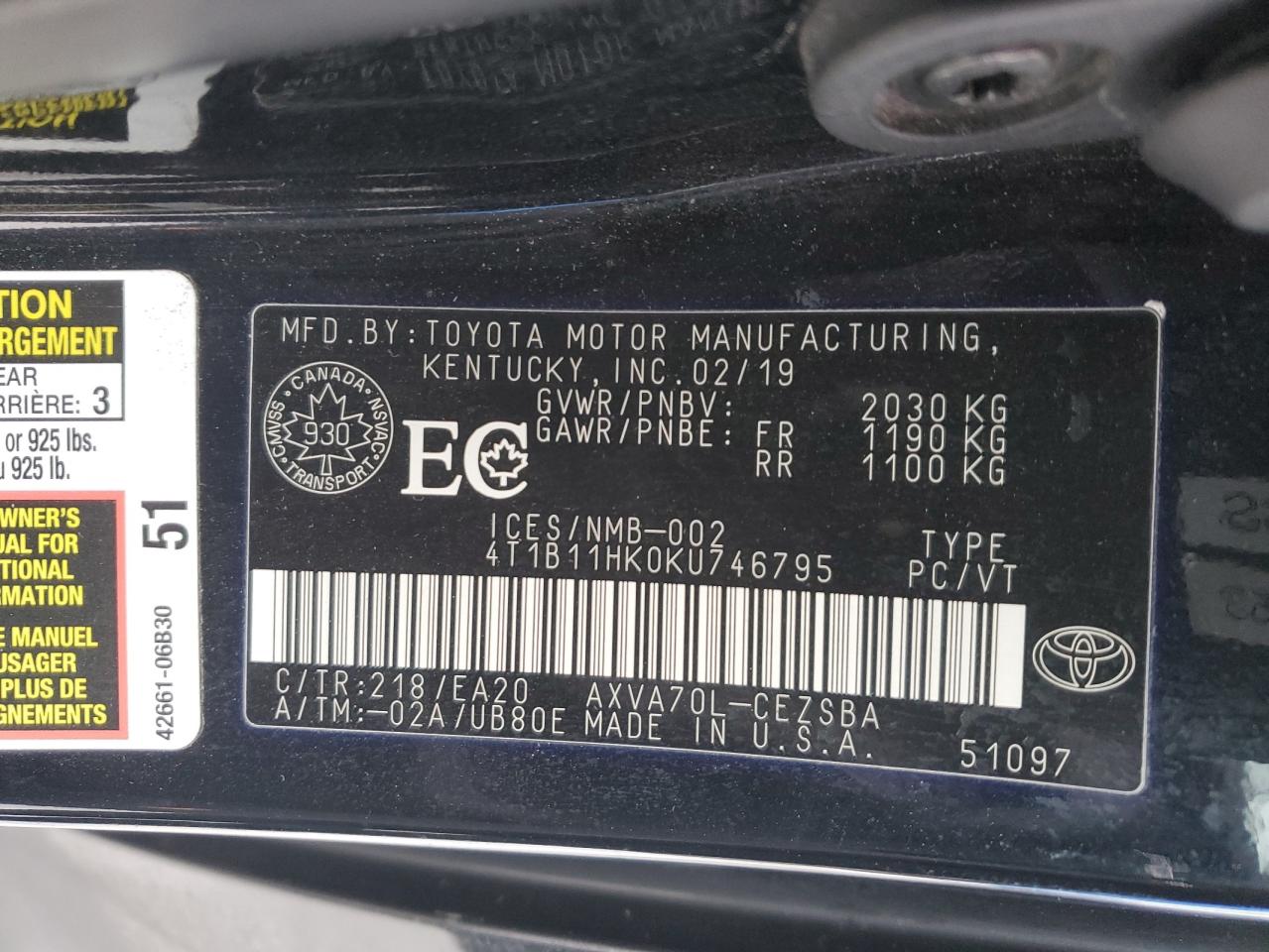 4T1B11HK0KU746795 TOYOTA CAMRY 2019