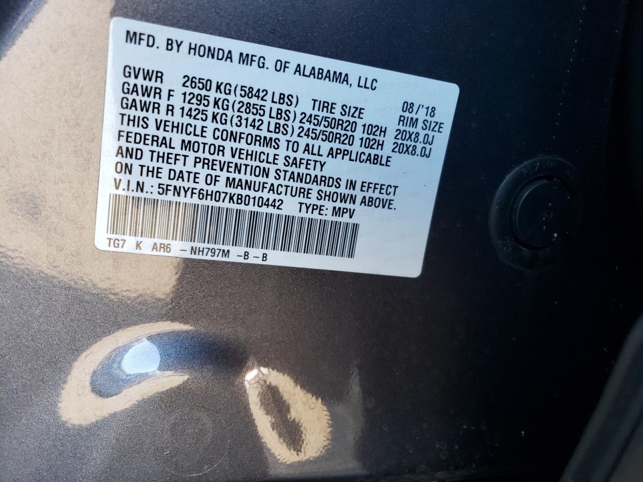 5FNYF6H07KB010442 HONDA PILOT 2019
