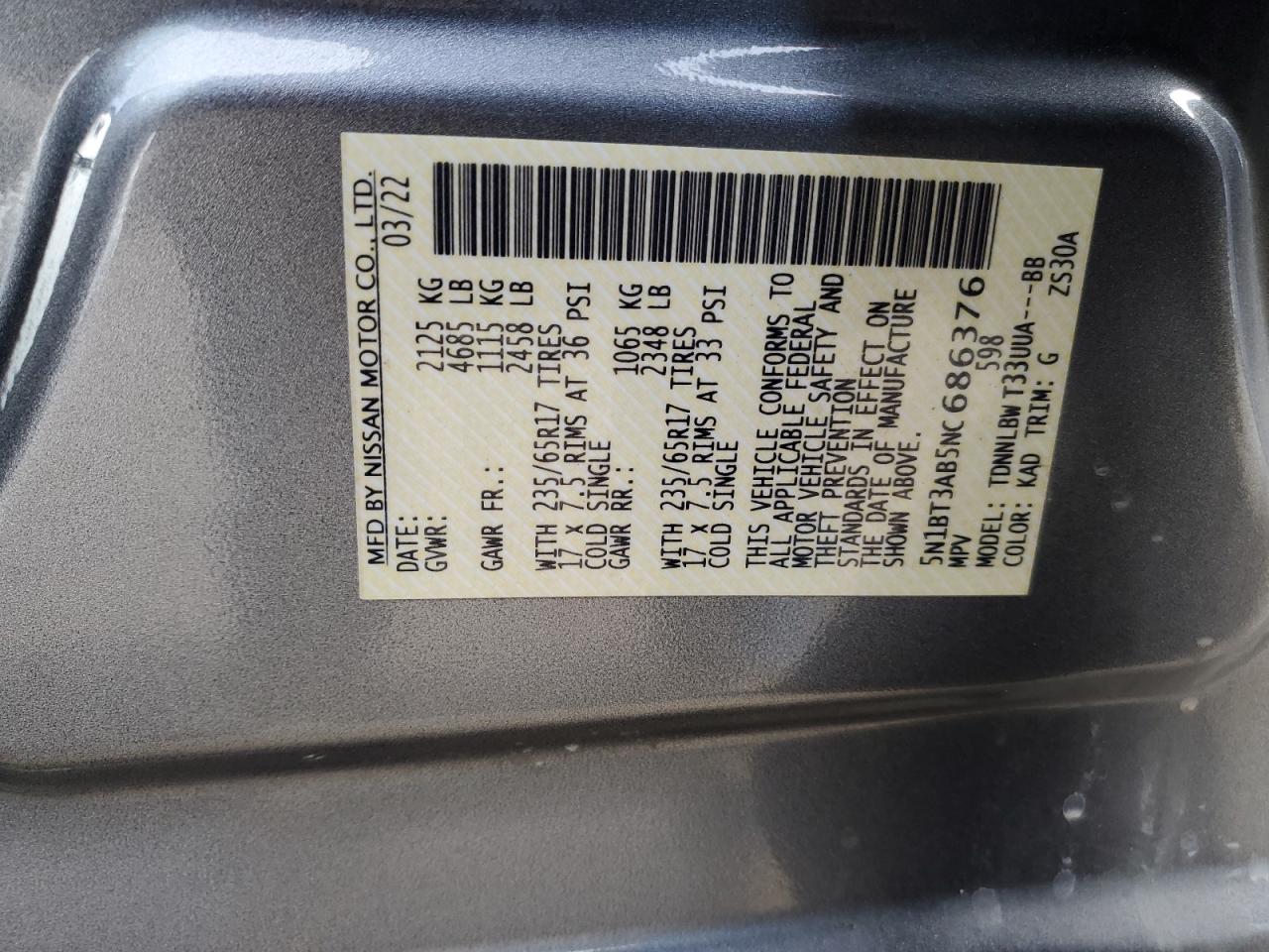 5N1BT3AB5NC686376 NISSAN ROGUE 2022