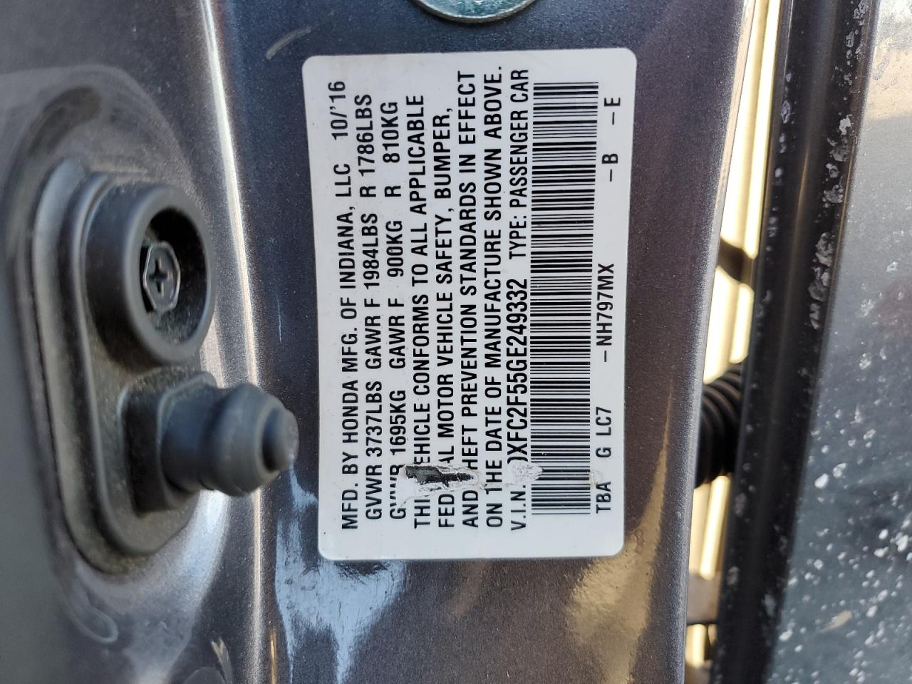 19XFC2F55GE249332 HONDA CIVIC 2016