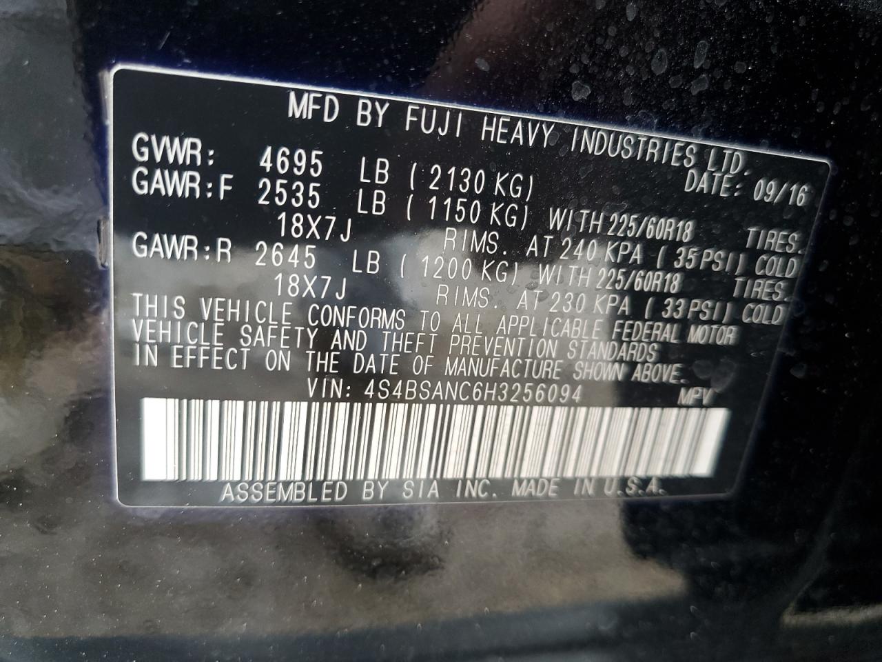 2017 Subaru Outback 2.5I Limited VIN: 4S4BSANC6H3256094 Lot: 87465284