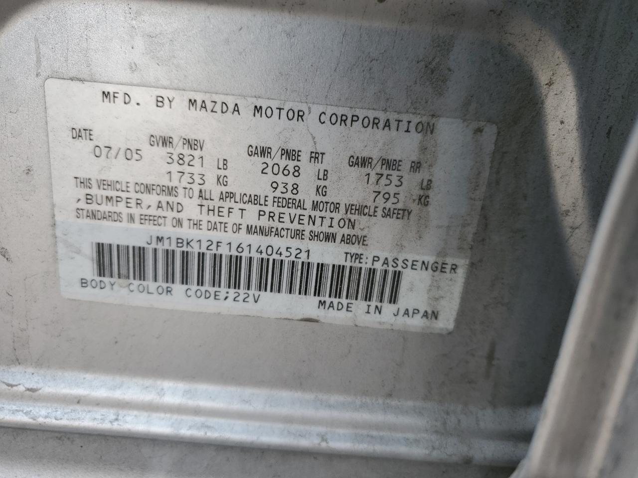 2006 Mazda 3 I VIN: JM1BK12F161404521 Lot: 87057464