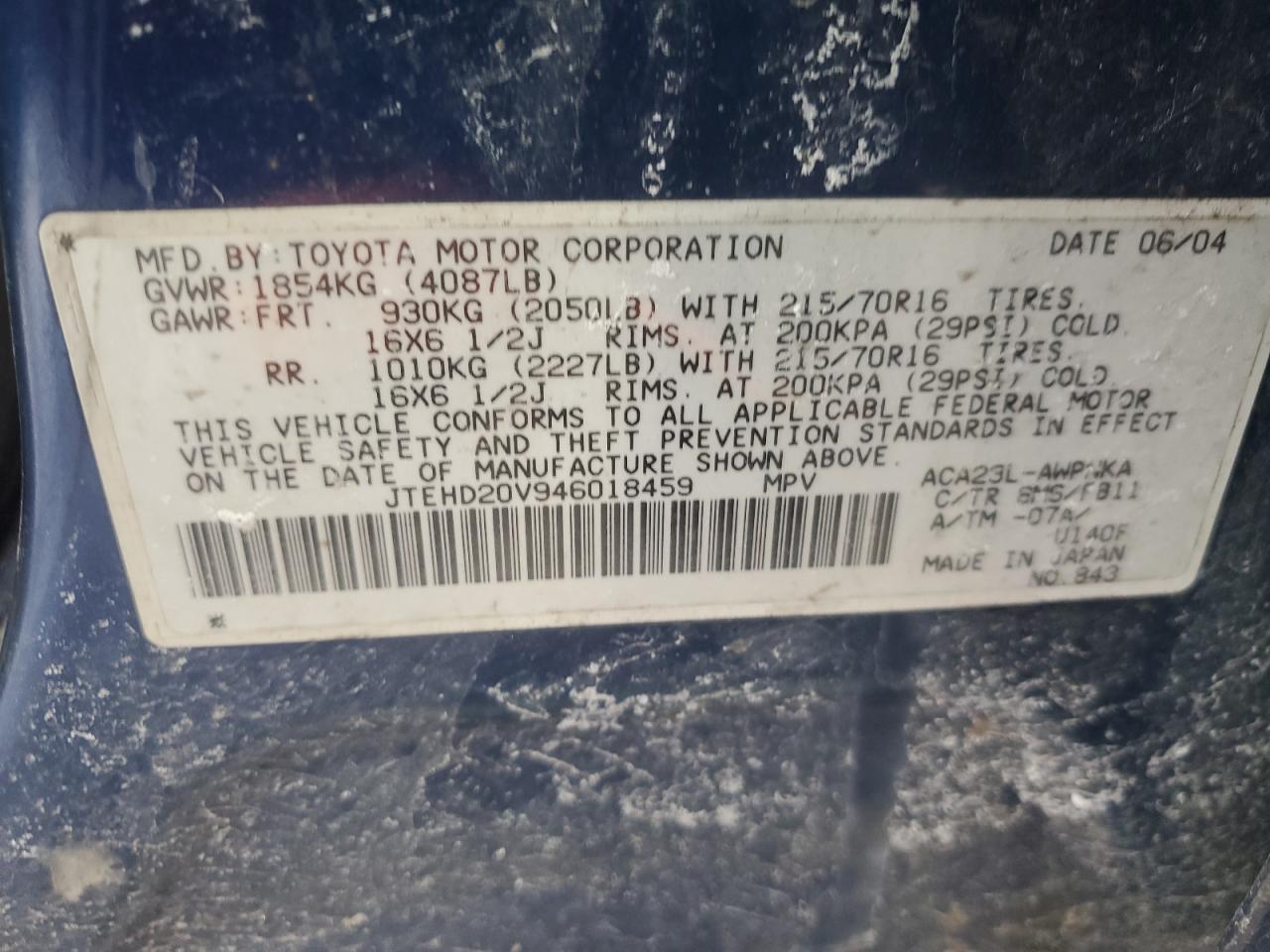 2004 Toyota Rav4 VIN: JTEHD20V946018459 Lot: 41822565