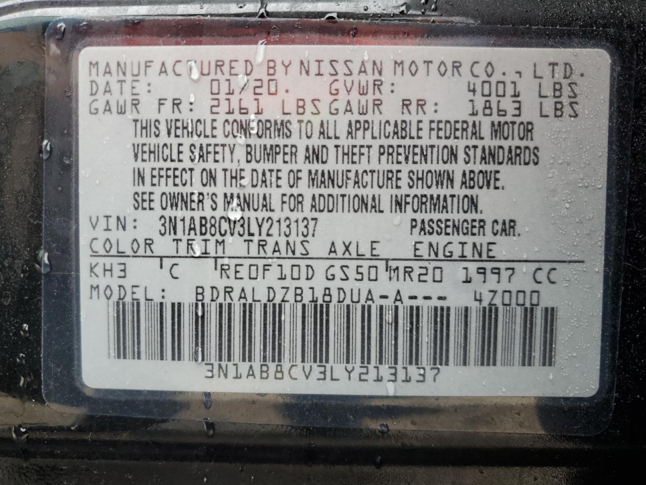3N1AB8CV3LY213137 NISSAN SENTRA 2020