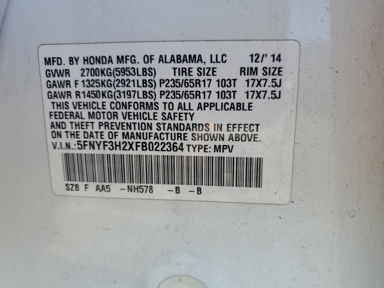 VIN 5FNYF3H2XFB022364 2015 HONDA PILOT no.13