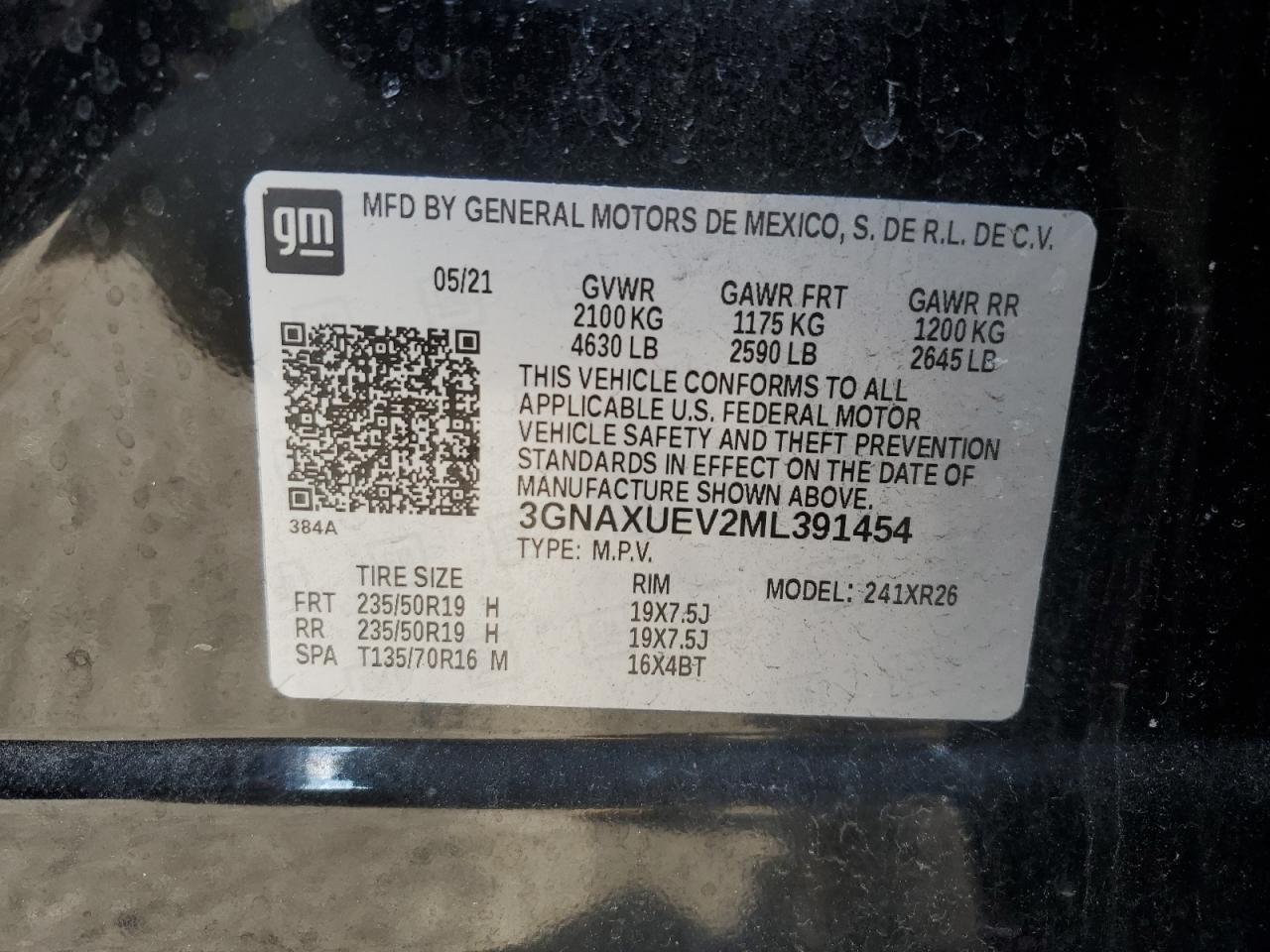 3GNAXUEV2ML391454 CHEVROLET EQUINOX 2021
