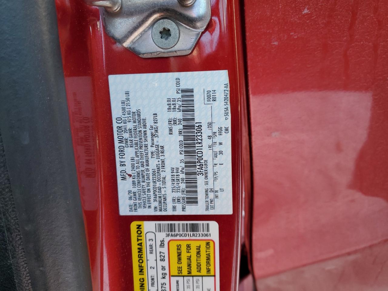 3FA6P0CD1LR233061 FORD FUSION 2020