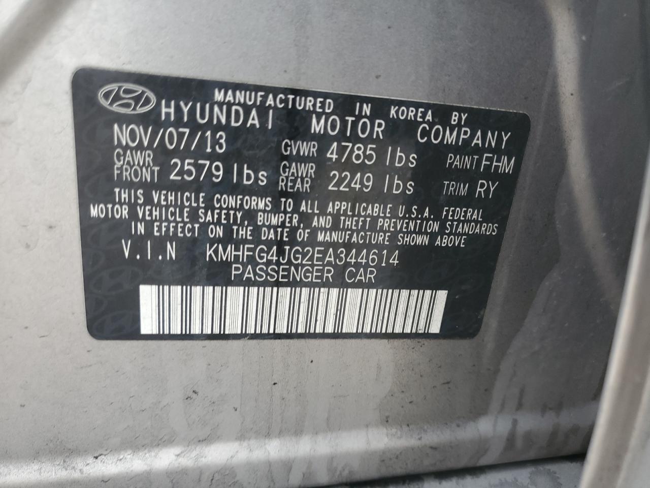 2014 Hyundai Azera VIN: KMHFG4JG2EA344614 Lot: 87200664