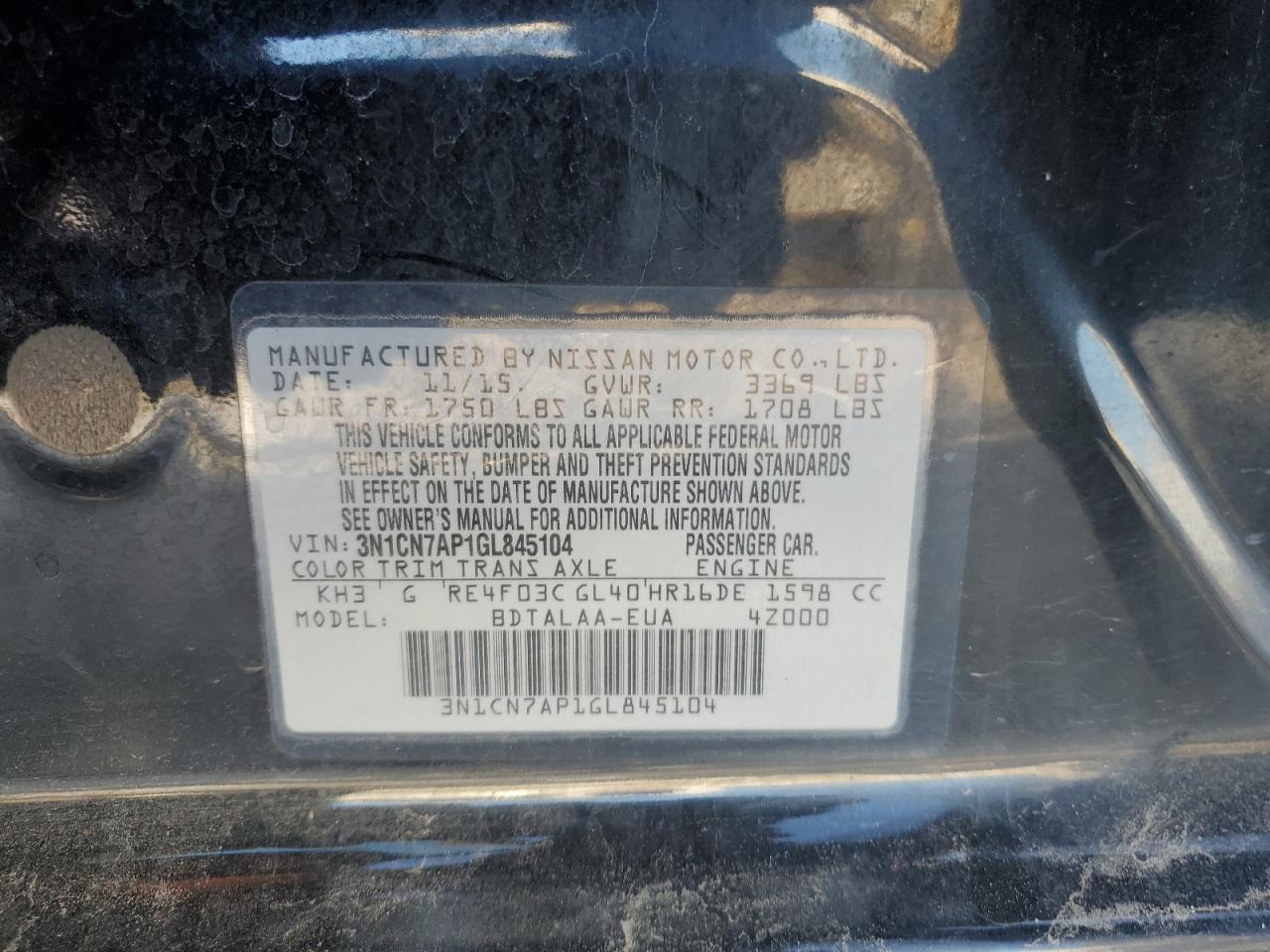 3N1CN7AP1GL845104 NISSAN VERSA 2016