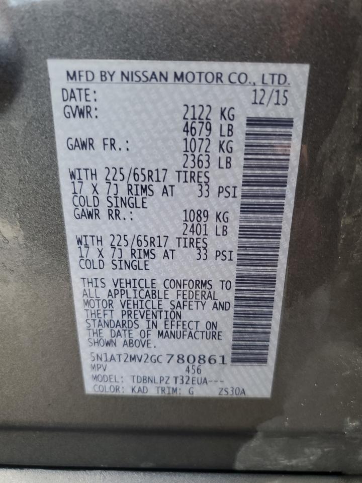 5N1AT2MV2GC780861 NISSAN ROGUE 2016