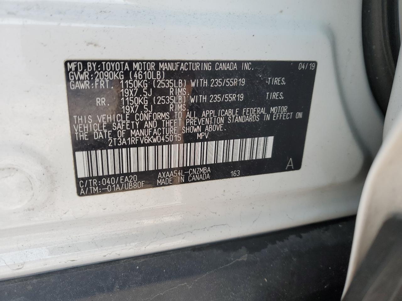2T3A1RFV6KW045015 TOYOTA RAV4 2019