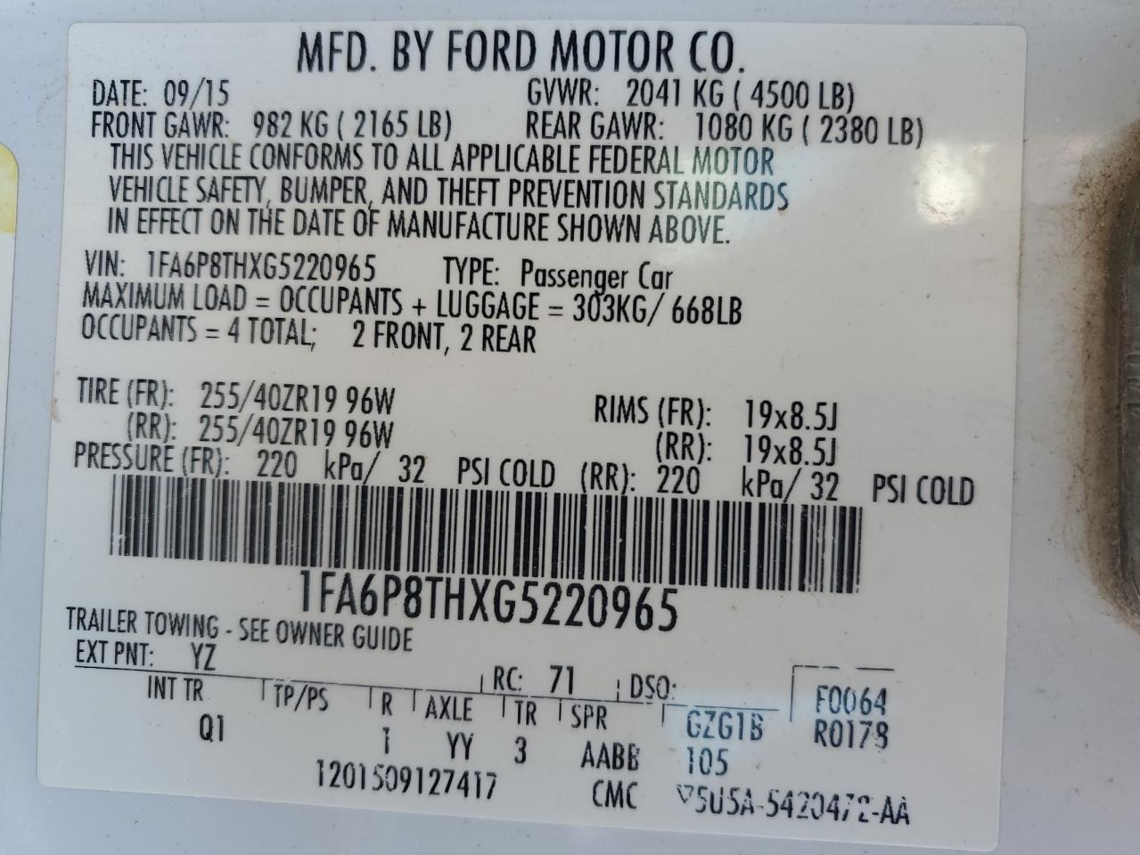 1FA6P8THXG5220965 FORD ALL Models 2016