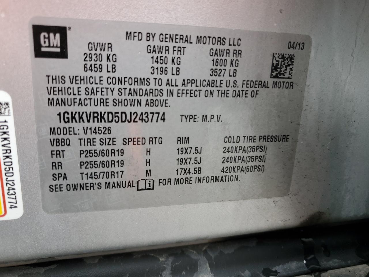 2013 GMC Acadia Slt-1 VIN: 1GKKVRKD5DJ243774 Lot: 87634505