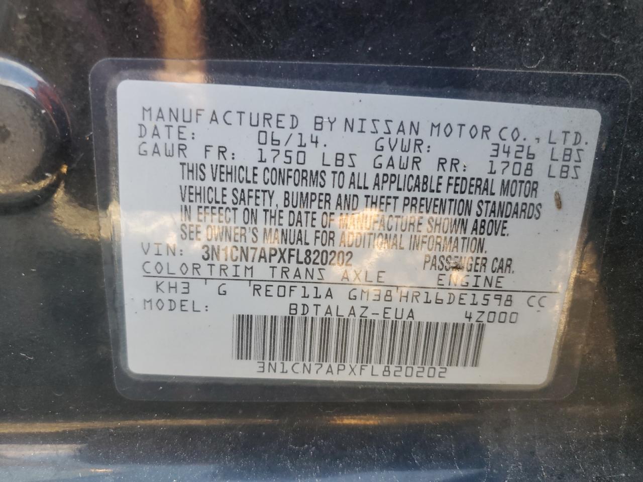 VIN 3N1CN7APXFL820202 2015 NISSAN VERSA no.12