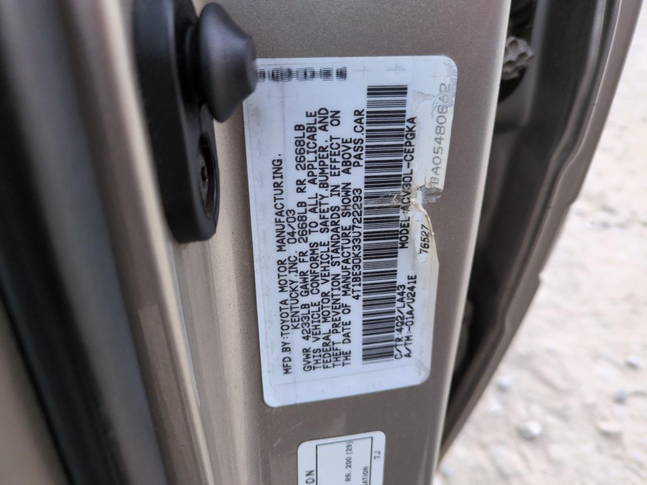 2003 Toyota Camry Le VIN: 4T1BE30K33U722293 Lot: 88912475