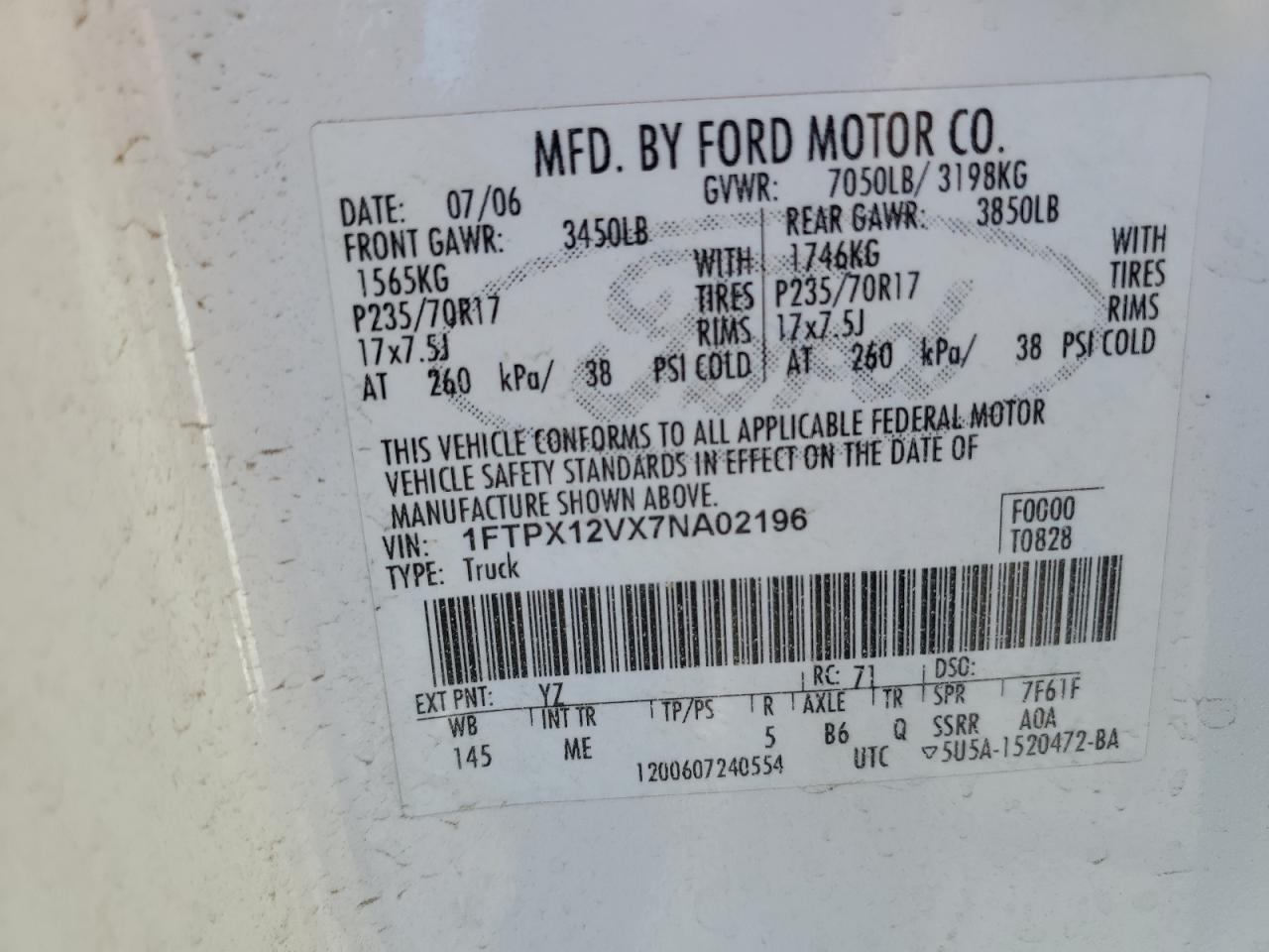 2007 Ford F150 VIN: 1FTPX12VX7NA02196 Lot: 88774155