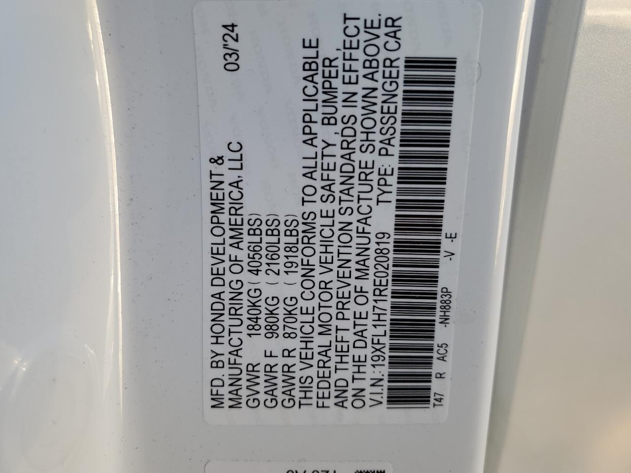 19XFL1H71RE020819 HONDA CIVIC 2024