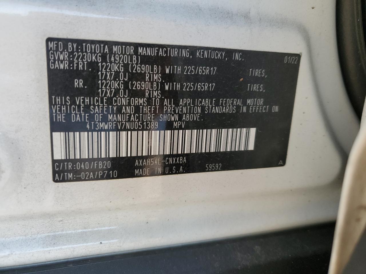 4T3MWRFV7NU051389 TOYOTA RAV4 2022