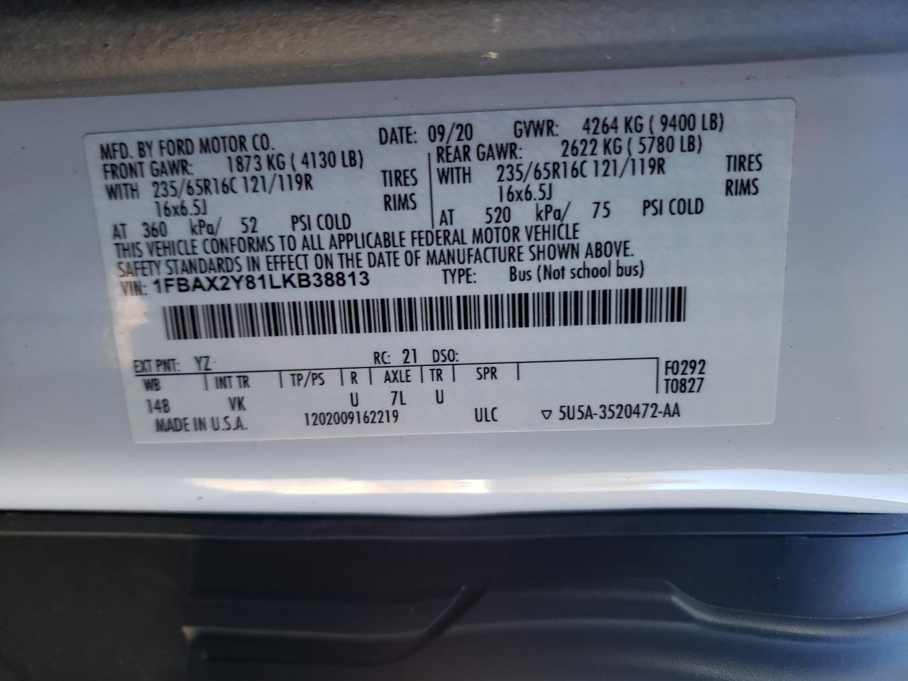 1FBAX2Y81LKB38813 FORD TRANSIT 2020