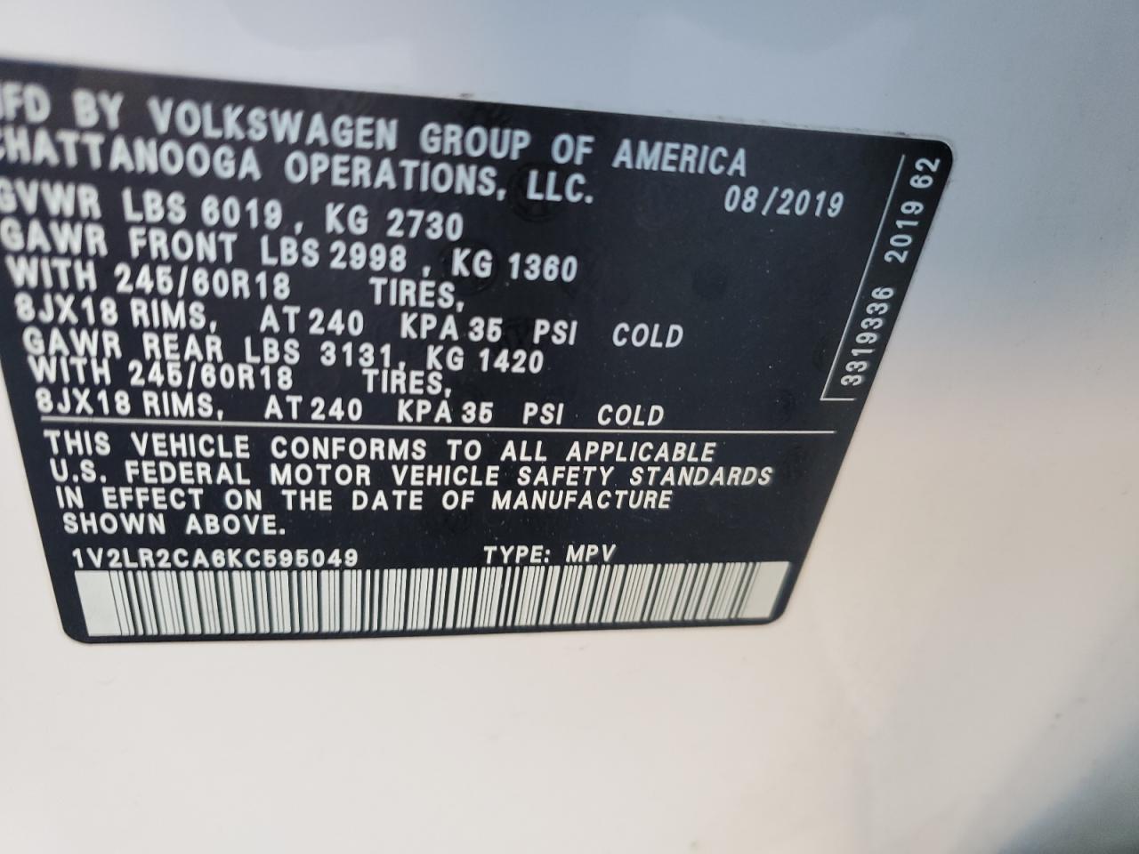 VIN 1V2LR2CA6KC595049 2019 VOLKSWAGEN ATLAS no.14