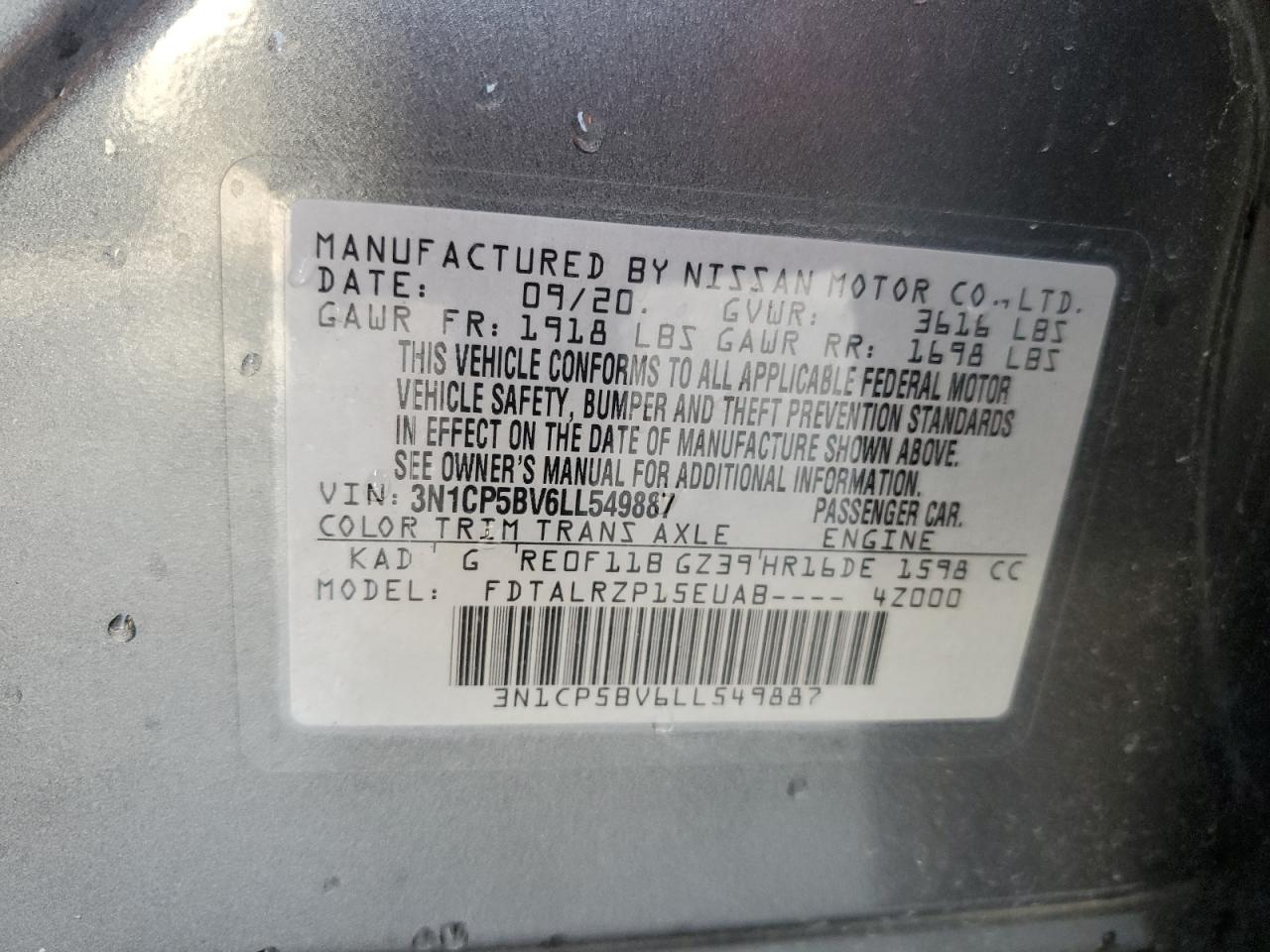 3N1CP5BV6LL549887 NISSAN KICKS 2020
