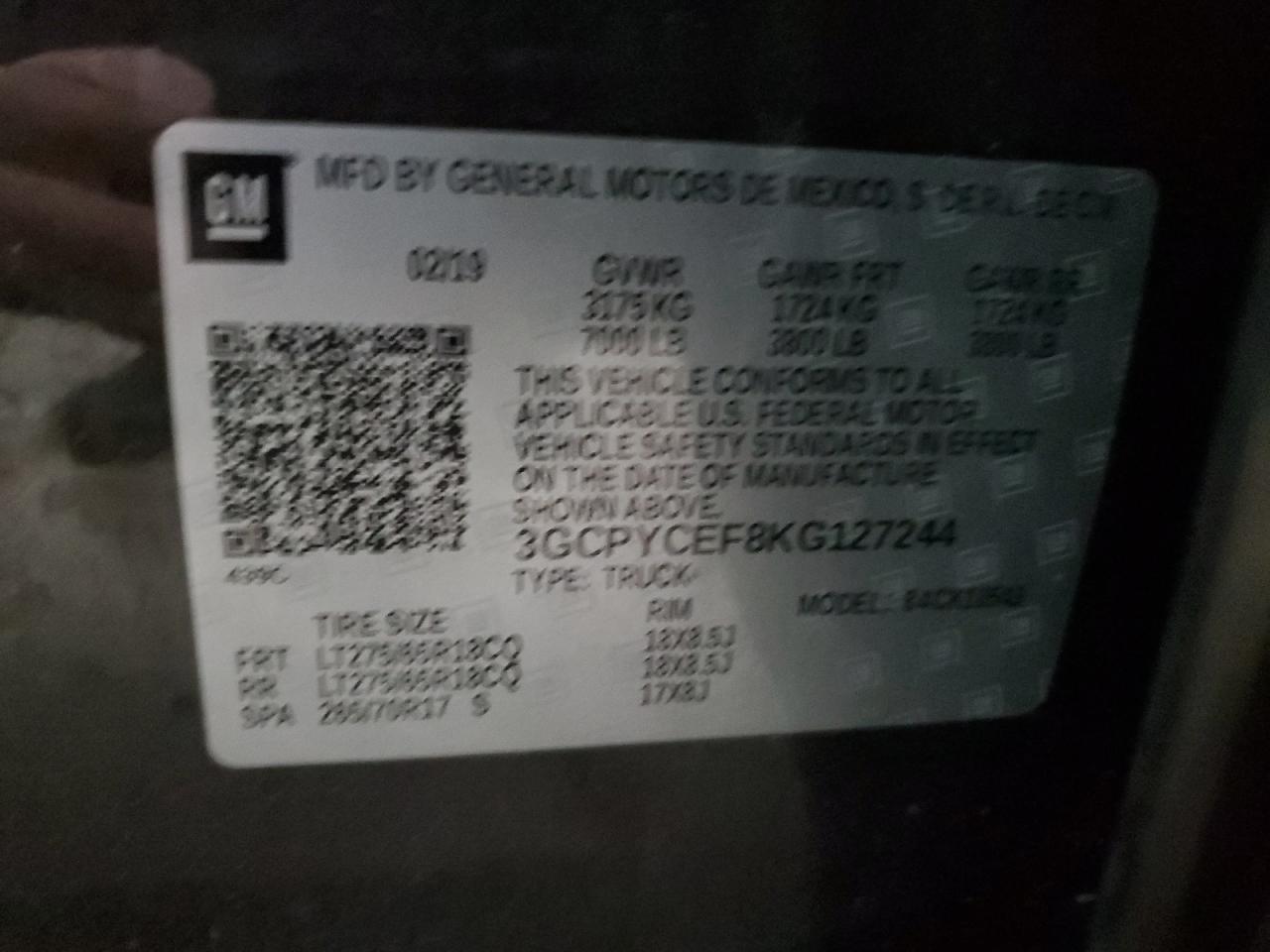 3GCPYCEF8KG127244 CHEVROLET ALL Models 2019