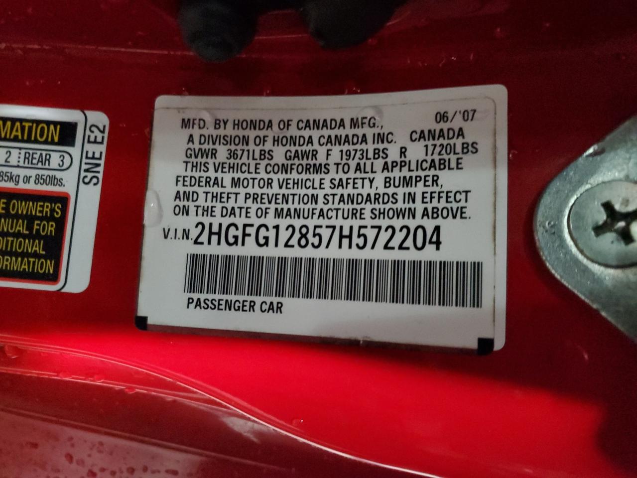 2007 Honda Civic Ex VIN: 2HGFG12857H572204 Lot: 86898584