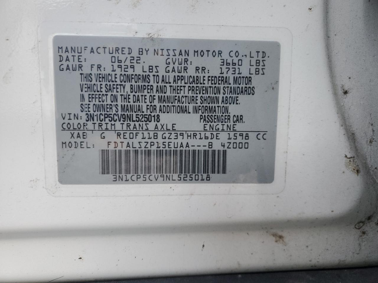 3N1CP5CV9NL525018 NISSAN KICKS 2022
