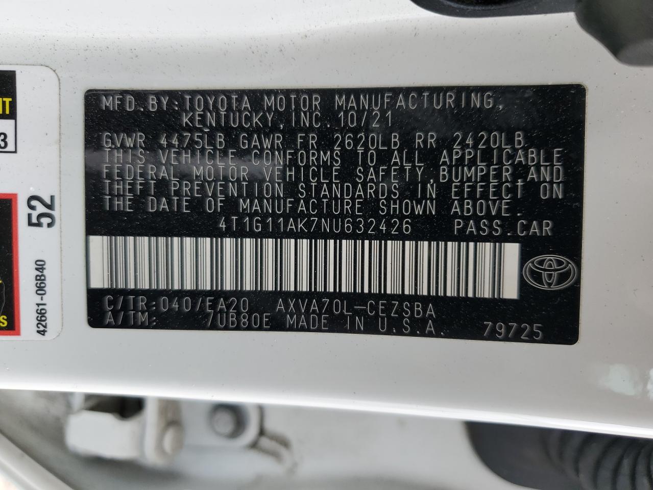 4T1G11AK7NU632426 TOYOTA CAMRY 2022