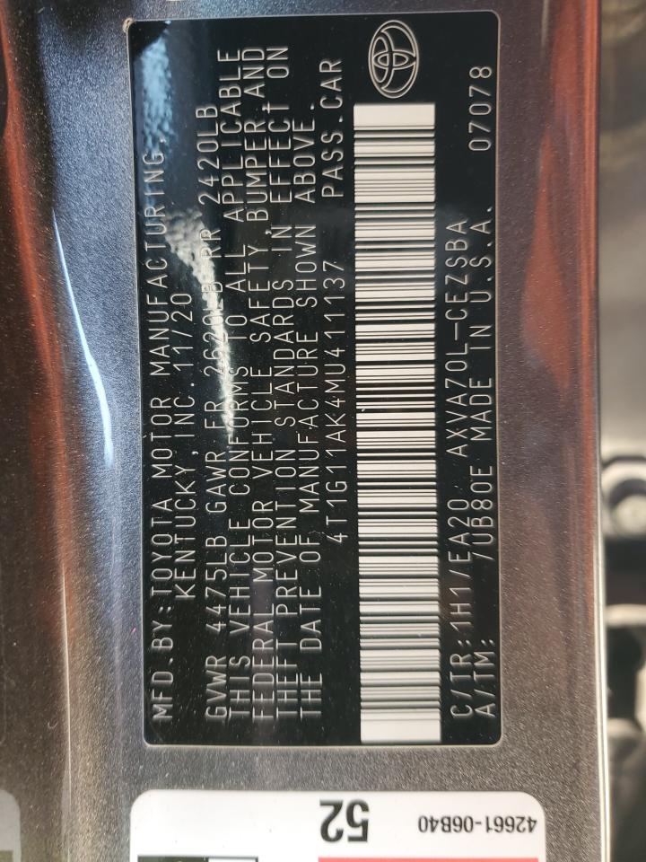 4T1G11AK4MU411137 TOYOTA CAMRY 2021