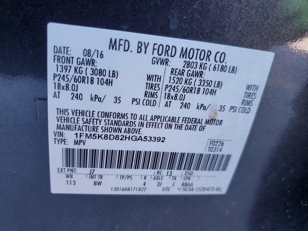 1FM5K8D82HGA53392 FORD EXPLORER 2017