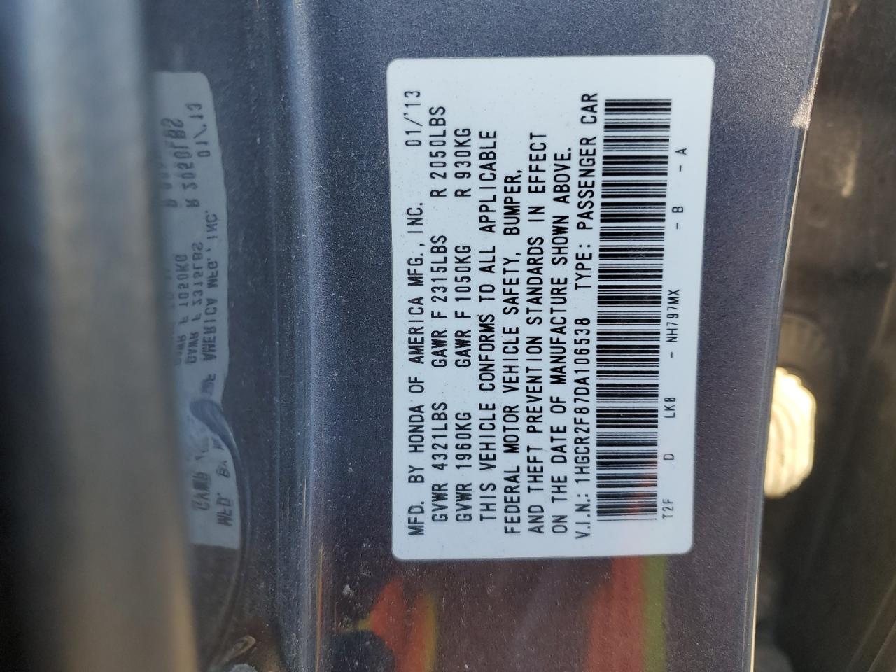 VIN 1HGCR2F87DA106538 2013 HONDA ACCORD no.12