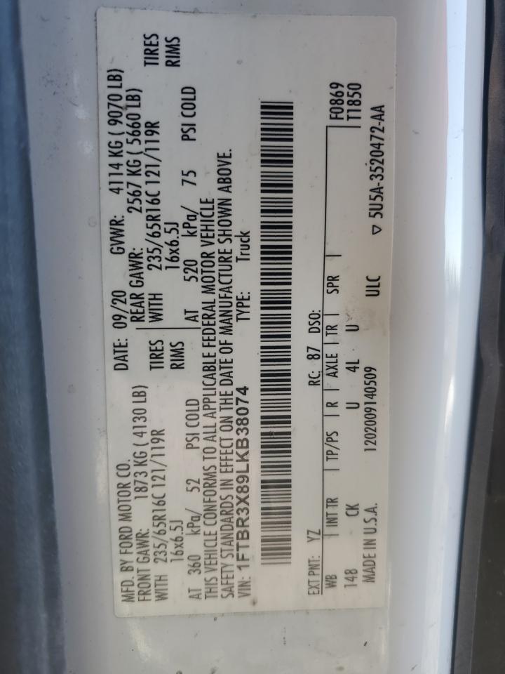2020 Ford Transit T-250 VIN: 1FTBR3X89LKB38074 Lot: 88969555