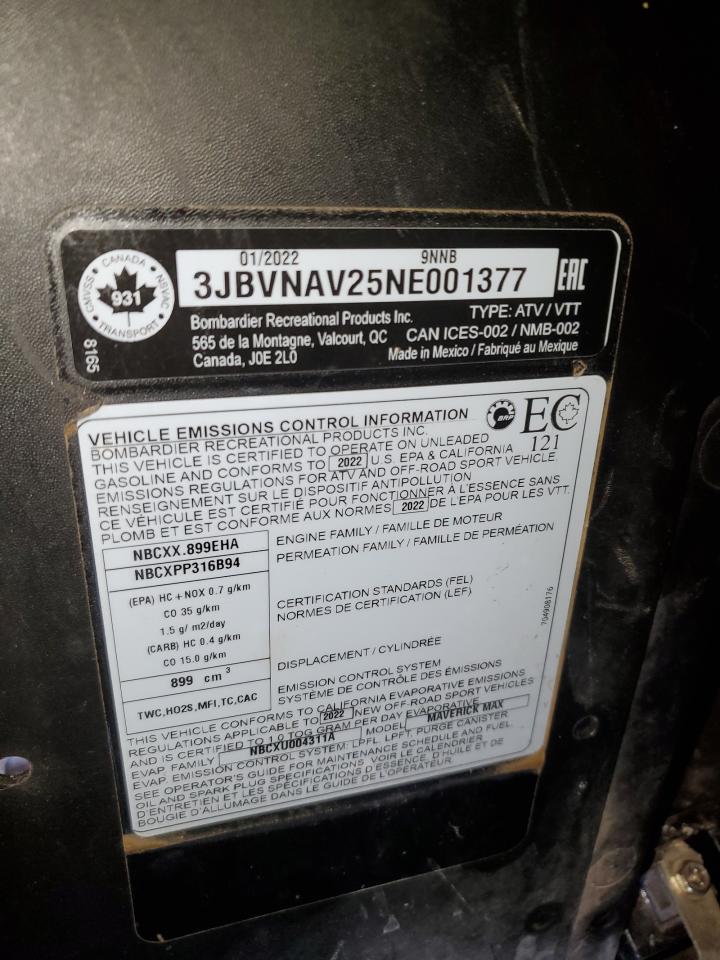 2022 Can-Am Maverick X3 Max X Rs Turbo Rr VIN: 3JBVNAV25NE001377 Lot: 42766915