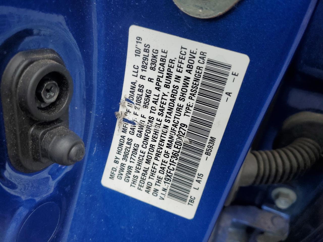 19XFC1F36LE000279 HONDA CIVIC 2020