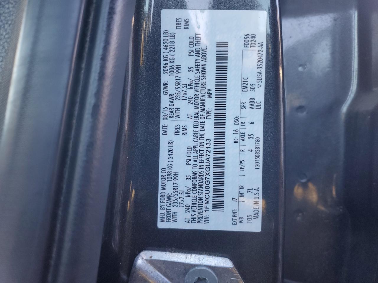 1FMCU0G7XGUA72133 FORD ESCAPE 2016