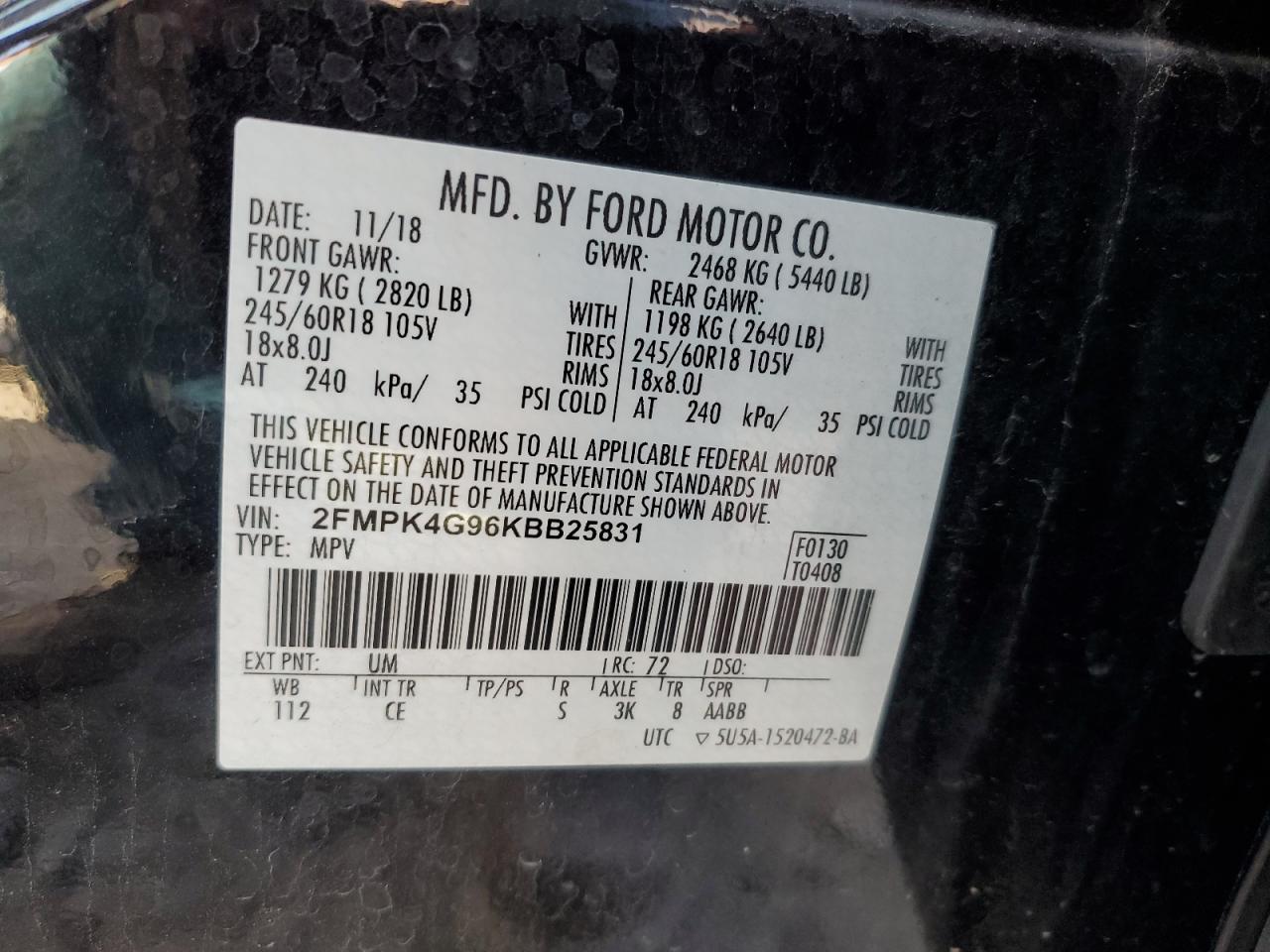 VIN 2FMPK4G96KBB25831 2019 FORD EDGE no.12