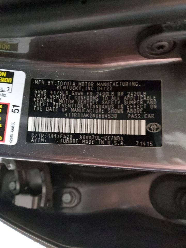 4T1R11AK2NU684538 TOYOTA CAMRY 2022