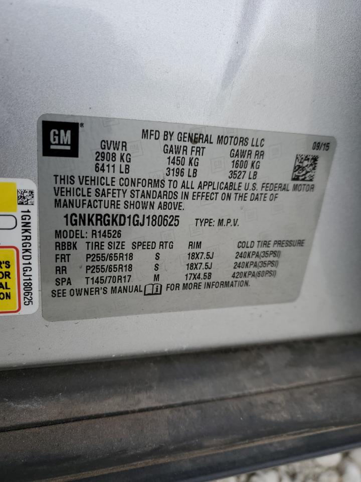 2016 Chevrolet Traverse Lt VIN: 1GNKRGKD1GJ180625 Lot: 87187614
