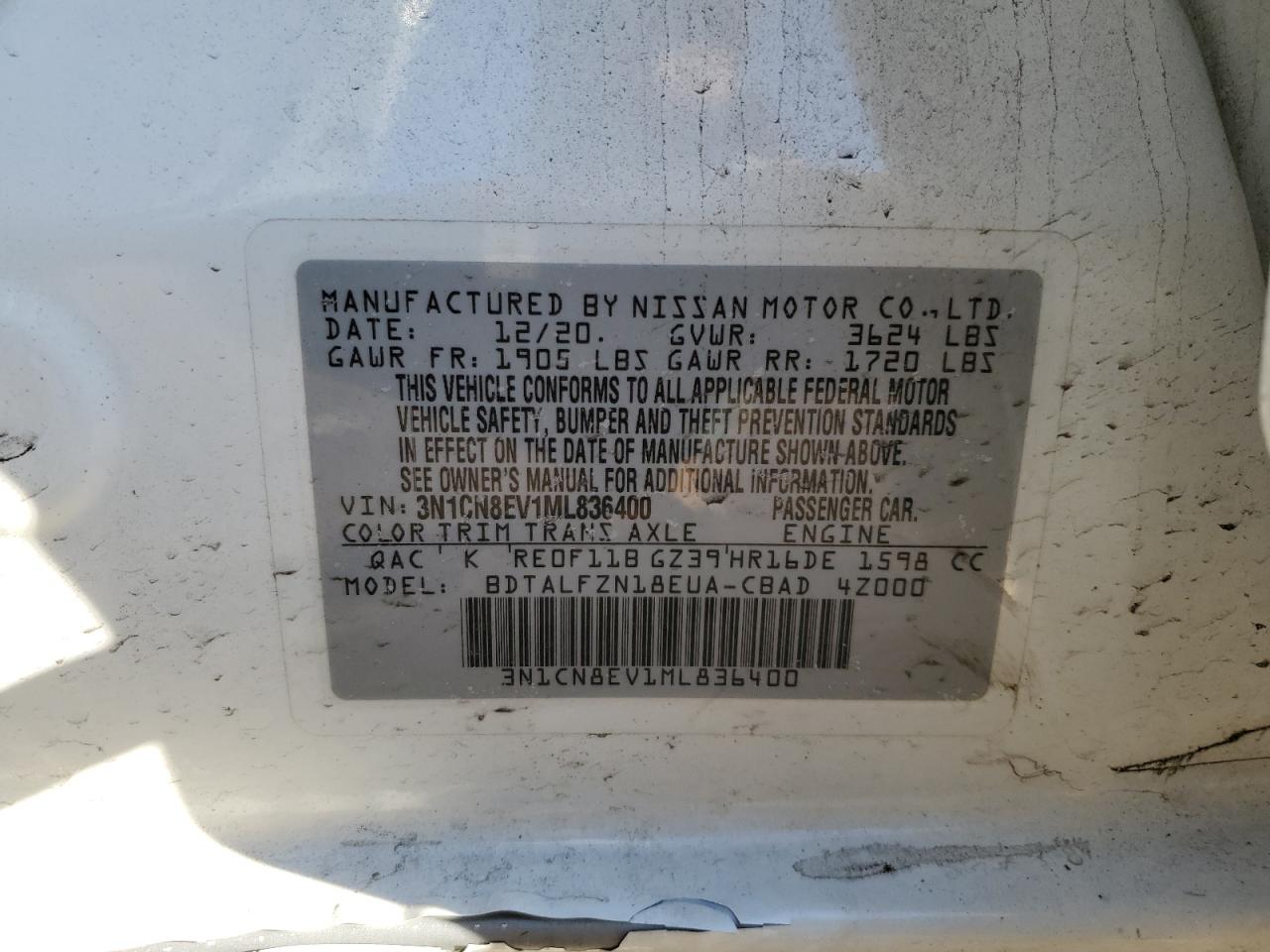 3N1CN8EV1ML836400 NISSAN VERSA 2021