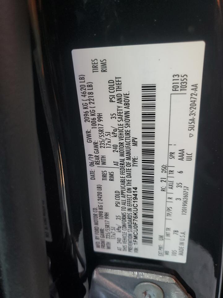 1FMCU0F76KUC19414 FORD ESCAPE 2019