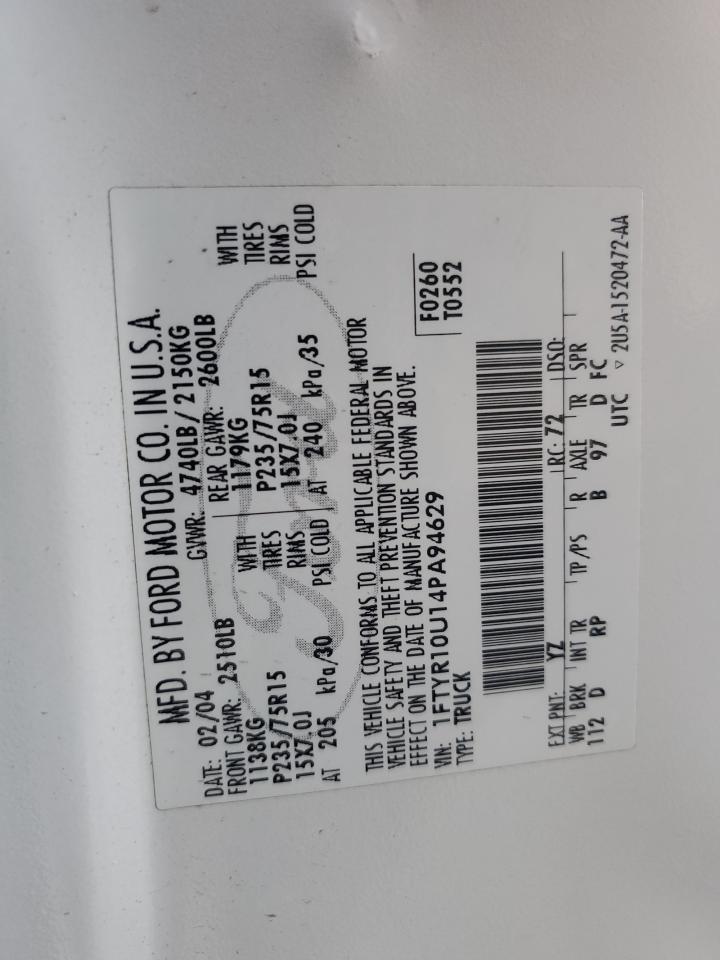 2004 Ford Ranger VIN: 1FTYR10U14PA94629 Lot: 88400925